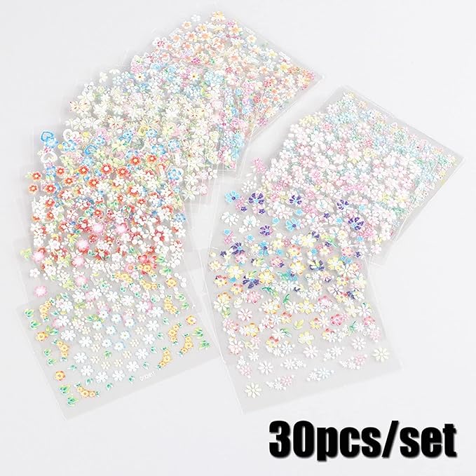 30 Sheets Flower Nail Art Sticker 3D Self-Adhesive Nail Art Supplies Colorful Flowers Rose Daisy Cherry Blossoms Nail Decals Pink Floral Nail Design for Women Acrylic Nails Decoration