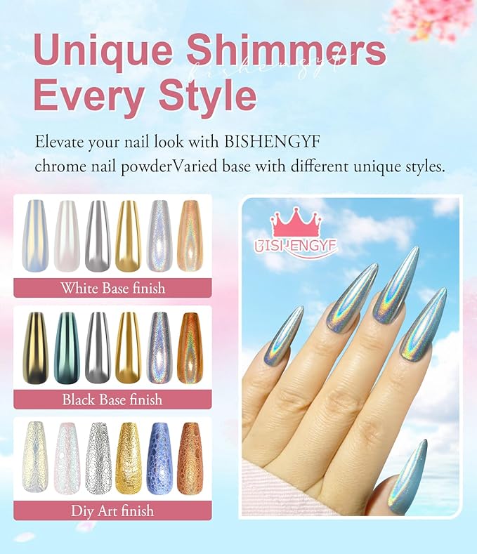 12 Pcs Chrome Nail Powder - Super Metallic Mirror Effect Holographic Aurora Iridescent White Pearl Chrome Nail Powder for Gel Nails DIY Gift for Women