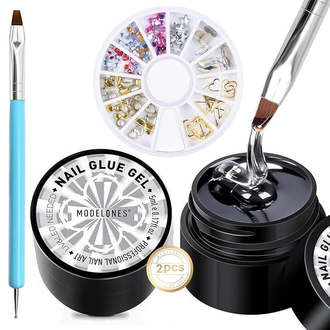 modelones Rhinestone Glue No Wipe Nail Gem Glue Super Strong Adhesive with Nail Charms & Dual-Use Brush, 2×5 ml