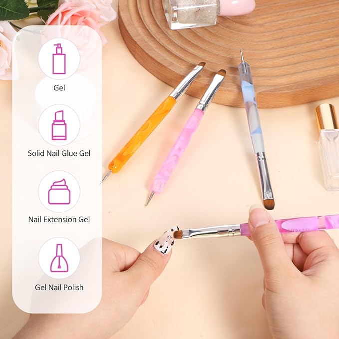4pcs French Gel Acrylic Nail Art Brush Mixed Color Two Way Nail Art Brush with Dotting Professional Manicure Tool for Manicure Cuticle Clean up Detailed Designs Nail Dotting Pen (10#, 12#, 14#, 16#)