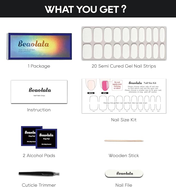Semi Cured Gel Nail Strips - UV Light Gel Nail Stickers - 20 Long Lasting Salon Quality Wraps (White Tulle)