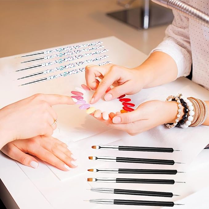 11Pcs Nail Art Painting Tools Set - 6 Pcs Double Ended Nail Art Painting Brsuh Dotting Pen and 5 Pcs Nail Art Liner Brushes