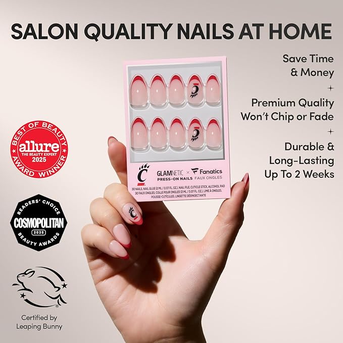 Glamnetic x Fanatics Press On Nails - Cincinnati Bearcats | Short Almond Fake Nails, Collegiate Bearcats Red French Tips, College Nails, Salon-Quality | 15 Sizes - 30 Nail Kit with Glue