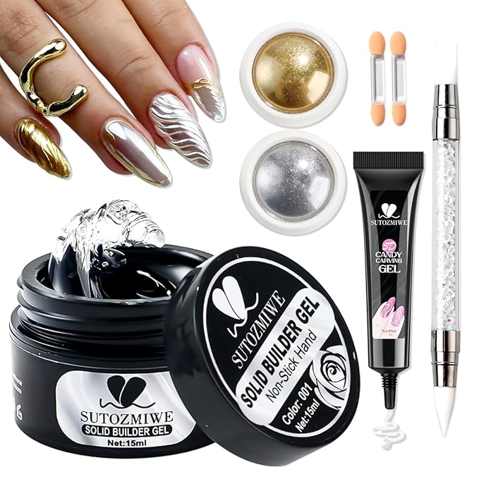 Solid Builder Nail Gel, Clear Sculpting Gel for Nail Art, Non-Sticky 3D Carving Modeling Hard Gels with Gold & Silver Chrome Nail Powder for DIY Salon Manicure at Home