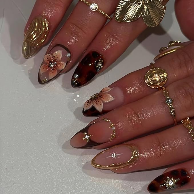 Medium Press on Nails Almond Brown Flowers Stick on Nail for Women 24pcs