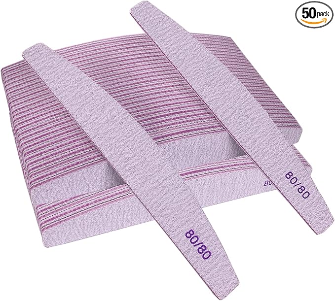 80/80 Grit Nail Files (50 Pack), Emery Boards for Acrylic Nails and Gel Nails, Coarse Nail File Double Sided 80 Grits Emory Professional Nail Filers Reusable Washable Manicure Curved Gray Bulk