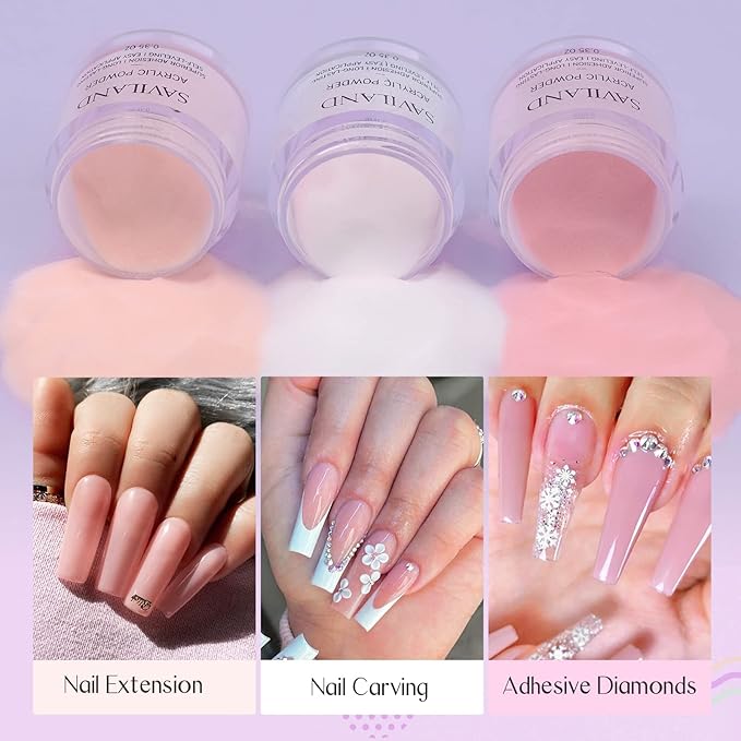 Saviland Acrylic Nail Starter Kit: Clear Pink Nude Acrylic Powder & Liquid, Brush, Files, Forms, Press On Nails, Home Practice Set