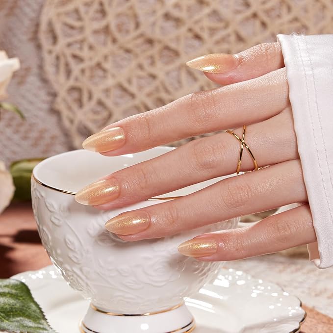 VSALON Press On Nails Short Almond, Light Apricot Gold Glitter Shimmer Sparkle Nails, Salon Quality Fake Nails Kit - 32 PCS Stick on Nails in 16 Sizes with UV Glue & Cuticle Oil