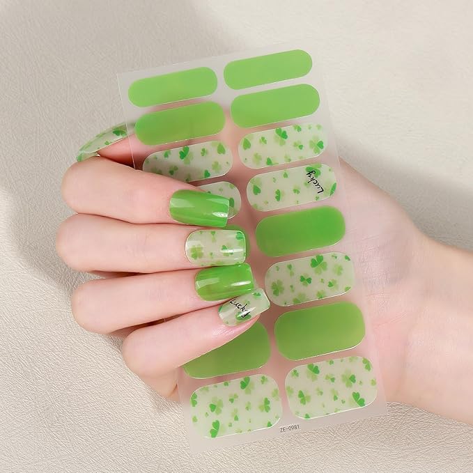 4 Sheets St. Patrick 's Day Gel Nail Stickers Irish Lucky Shamrock Nail Wraps Stickers Green Glitter French Nail Polish Strips Full Wrap Nail Strips Saint Patrick's Day Nails Supply for Women Manicure