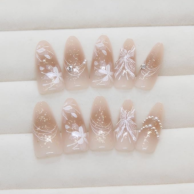 Winter 3D Butterfly Press on Nails Long Almond False Nails Press Ons Christmas White Floral Design Fake Nails Butterfly Stick on Nail Full Cover Acrylic Artificial Nails Gift for Women 24pcs