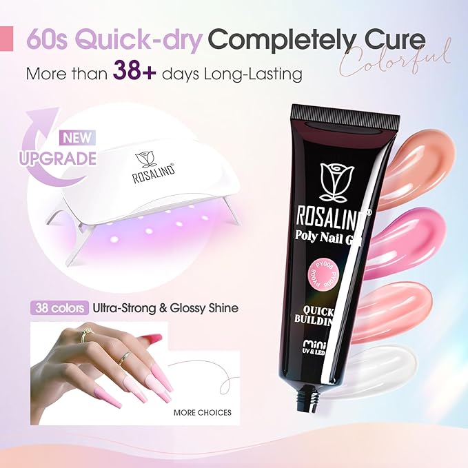 ROSALIND Poly Nail Gel Kit -38 Classic Colors +72 Nail Art Accessories kit Clear Nude Christmas Poly Nails Gel Kit Starter Kit with Mini UV Lamp Slip Solution Basic Tools for Beginners with Everything
