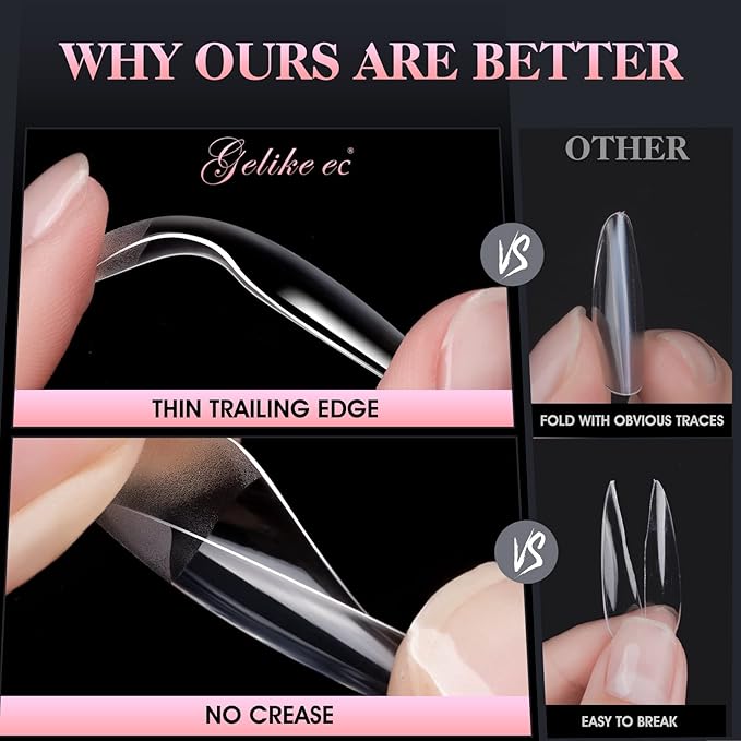 Gelike EC 240PCS Soft Gel Nail Tips Kit - Clear Cover Full Nail Extensions - Medium Almond Pre-Shaped Acrylic False Gelly Nail Tips 10 Sizes for DIY Salon Gift Nail Extensions