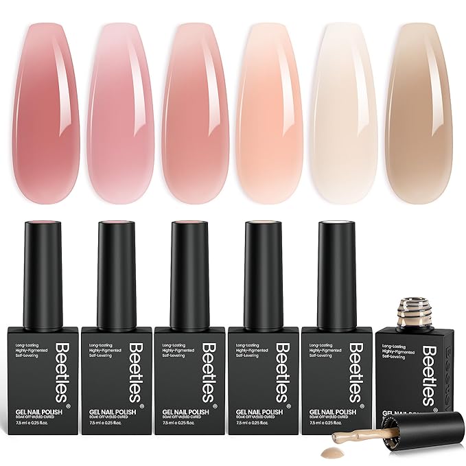 Beetles Nude Gel Nail Polish Set - 6 Colors Nude Pink Brown Neutral Jelly Gel Polish Kit Sheer Translucent Effect Soak Off UV Nail Art Design Drunken Rose Collection Manicure Gift for Women