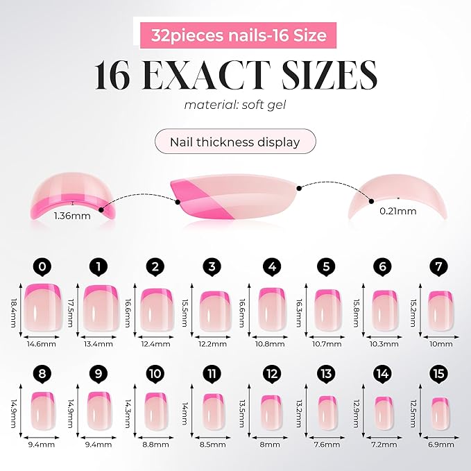 UNA GELLA 32Pcs Soft Gel Press on Nails - 16 Sizes Hot Pink French Tip Short Square Glue on Nails, Reusable Nude Pink False Nails, Full Cover Acrylic Nail Kit for Women DIY Home Manicure