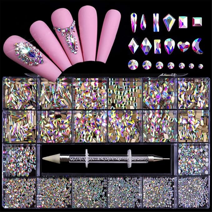 1 Box AB Rhinestones for Nails, 600 Pcs Multi Shapes Nail Rhinestones Nail Gems Nail Jewels with 2500 Pcs Crystal AB Rhinestones Diamonds for Nail Art Craft, Acrylic Nails + Picker Dotting Pen