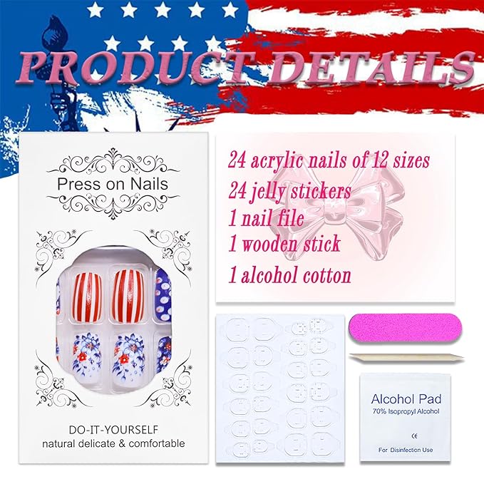 4th of July Press On Nails Medium Square 24 Pcs Acrylic Nails with Floral Red White Stripes Designs Glossy Glue on Nails for Women Girls
