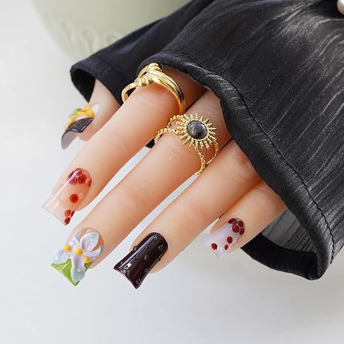 10pcs Handmade Press on Nails for Women - Medium Duck Curve 3D Thick Acrylic Fake Nails Reusable,Designer Floral Butterfly Rhinestones Bling Boho Funky Y2k Nail-art Set,XS,colorful