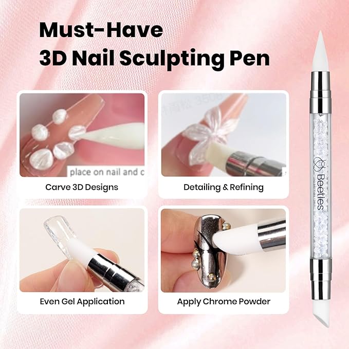 Beetles 3D Gel Nail Art-Ballet Whisper Pink Solid Builder Nail Gel Non-Sticky Sculpting with Dual-Ended Sculpture Pen & Stiletto Dual From, Beginner Friendly DIY at Home,UV LED Lamp Needed