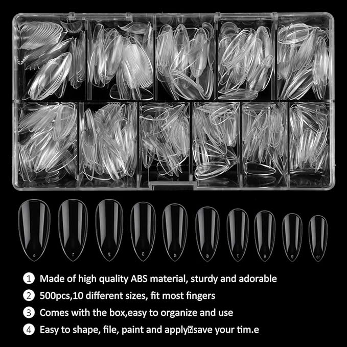 Nail Tips And Glue Acrylic Nails Set - Press On Nails Set 500PCS Short Stiletto Nail Tips Clear Full Cover False Nails Set 5PCS Nail Glues, 1PC Nail File, 1 Pc Cuticle Fork, Sponge Seperator With Case