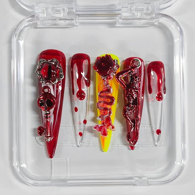 Halloween Handmade Press on Nails Extra Long Stiletto 3D Nails Horror Thick Acrylic Fake Nails Red Gothic False Nails with Blood Drop Skull Designs Sturdy Nail Art Press on Nails 10Pcs(M)