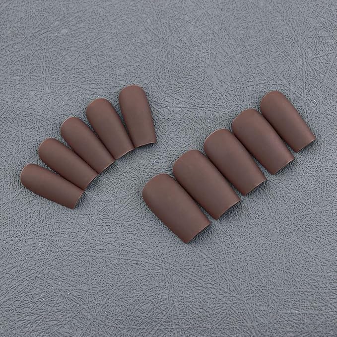 KQueenest Fall Press on Nails Long Medium Square, Matte Brown Fake Nails Medium Coffin, Opaque Sheer Color Acrylic Nails Press ons, Reusable Soft Gel Glue on Nails for Women DIY Manicure