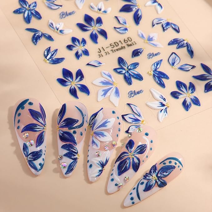 Stickers para Uñas Nail Stickers Self-Adhesive Sticker Red Blue 3D Wild Flower Calcomanías para Uñas Floral Art Design Accessories Hight Quality 3 Sheets