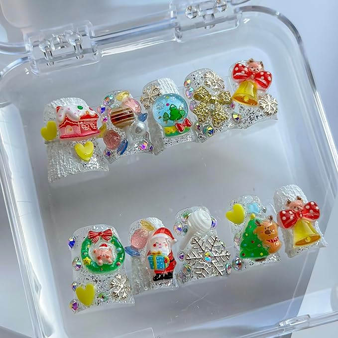 Christmas Luxury Press on Nails Short Duck Handmade 3D Unique Reusable ABS Material Fake Nails Cute False Nails with Santa Reindeer Tree Snowflake Bow Glossy Glue on Nail Thick Acrylic Nail(M)