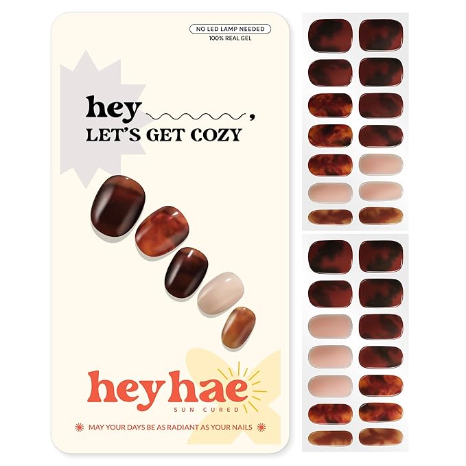 Heyhae Semi Cured Gel Nail Strips | No LED Lamp Needed | Fall, Marble, Brown | Easy Apply & Remove, Salon Quality | Includes 28 Strips, 1 Prep Pads, Nail File & Wooden stick - Hey, Let’s Get Cozy