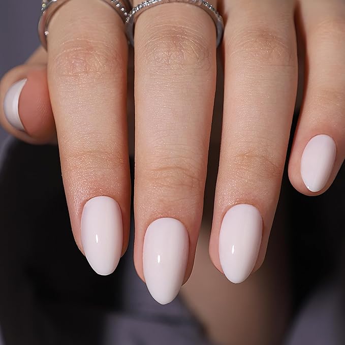 30 Pcs Short Almond Shaped Soft Gel Press on Nails Solid Color Fake Nails Designs Glossy White Acrylic Nails with Glue on Nails Full Cover Salon Quality Thickened False Nails Sets for Women Manicure