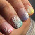 Easter Press on Nails Colorful Gradient French Tip Fake Nails White Bunny & Flower Designs Easter Short Square False Nail Full Cover Glitter Stick on Nails for Women DIY Manicuare 24 Pcs