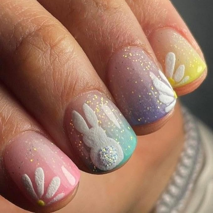 Easter Press on Nails Colorful Gradient French Tip Fake Nails White Bunny & Flower Designs Easter Short Square False Nail Full Cover Glitter Stick on Nails for Women DIY Manicuare 24 Pcs