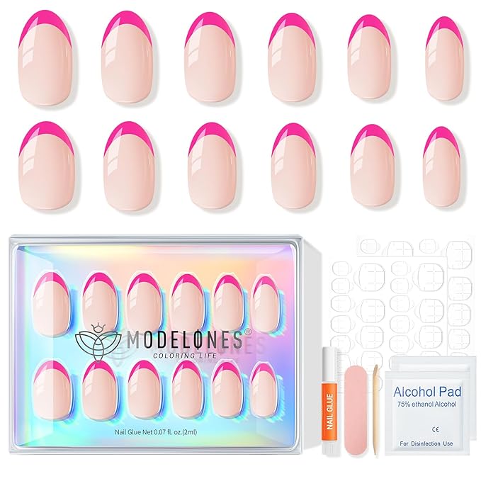Modelones French Tip Press on Nails Short, Oval Fake Nails, Reusable Nail Kit with Nail Glue Adhesive Tabs Mini Nail File, Nails Press Ons 32Pcs 16Sizes, Women Girl Gift, Hot Pink, Spring