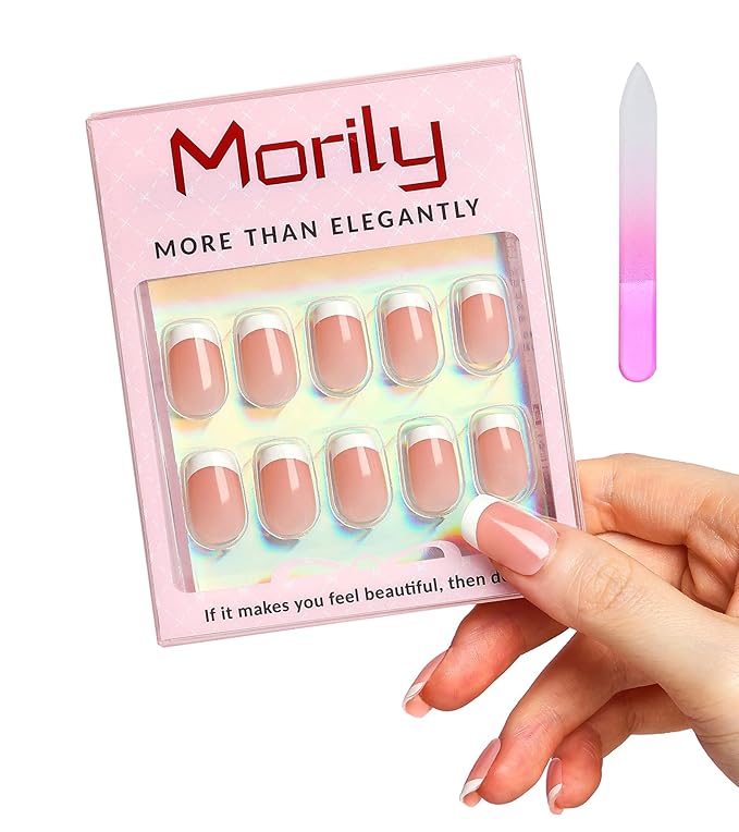 Morily Light Pink White French Tip Press on Nails - Medium Square Fake Nails Upgrade 15 Sizes Thicker False Nails with Designs Reusable Acrylic Stick on Nails for Women, 30 PCS, Include Glass File