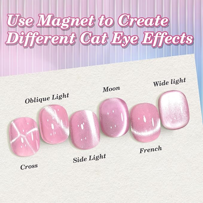 EBANKU Cat Eye Gel Nail Polish, 15ml Glitter Holographic Nail Polish with Magnet, Reflective Translucent UV Gel Polish Valentines Salon DIY at Home(Pink)