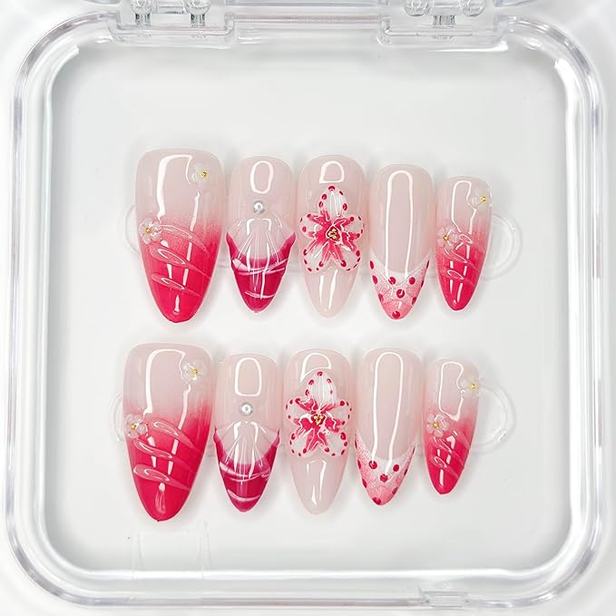 Luxury Press on Nails Medium Almond Handmade 3D Unique Reusable ABS Material Fake Nails Pink False Nails with Designs Floral Art Petal Glossy Glue on Nails Thick Acrylic Nails(S)