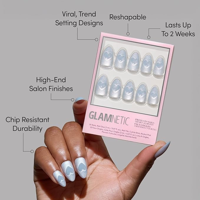 Valentines Day Glamnetic Press On Nails - Cold Hearted | Short Almond Fake Nails with Heart Accent and Pale Blue Velvet Finish, Salon Quality | 15 Sizes - 30 Nail Kit with Glue