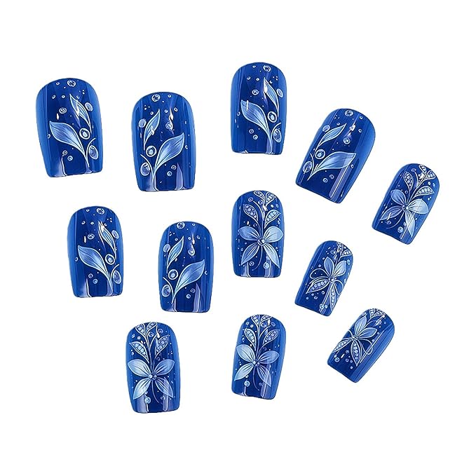 Dark Blue Press on Nails Short Square Fake Nails with White Flower Leaf Pearls Design Floral False Nail Acrylic Spring Summer Stick on Nail for Women 24Pcs
