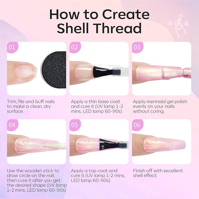 Modelones Gel Nail Polish, 6 Colors 2026 Spring Pastel Shimmer Pearl White Pink Purple Mermaid Nail Drawing Glitter Gel Polish with Dotting Pen Soak Off LED Swirl Shell Thread Effect DIY Nail Art Gift