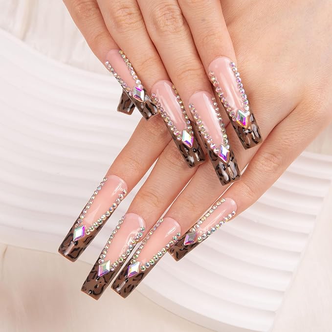 LOVFUL Press on Nails Cocktail Party| Handmade with Full Covered Crystals| Reusable Fake Nails| Square Mid length 1.7in| H225-S