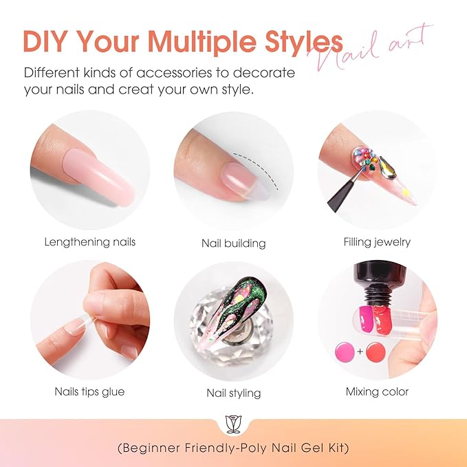 ROSALIND Nude Poly Nail Gel Kit, 14 Colors Pink Poly Nail Gels Kit with Slip Solution and Mini Lamp Poly Nails Gel Starter Kits For All Seasons Beginner DIY at Home