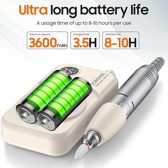 Professional Nail Drill 35000 RPM,SONGMIN Portable Cordless Efile with Bits Kit for Acrylic Nails Gel Polishing Removing,Rechargeable Electric Nail File Machine for Manicure,Pedicure Salon Home,White