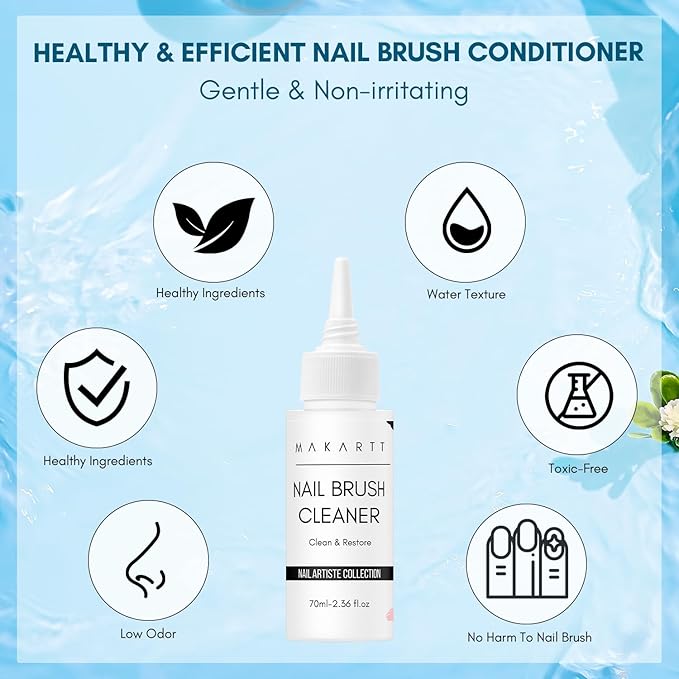 Makartt Nail Art Brushes Cleaner: Nail Polish Brush Bristles Conditioner Restorer Liquid for Solid Gel/Nail Extension/Builder Gel/Dip Powder Manicure - 70ml/2.36 Fl.oz