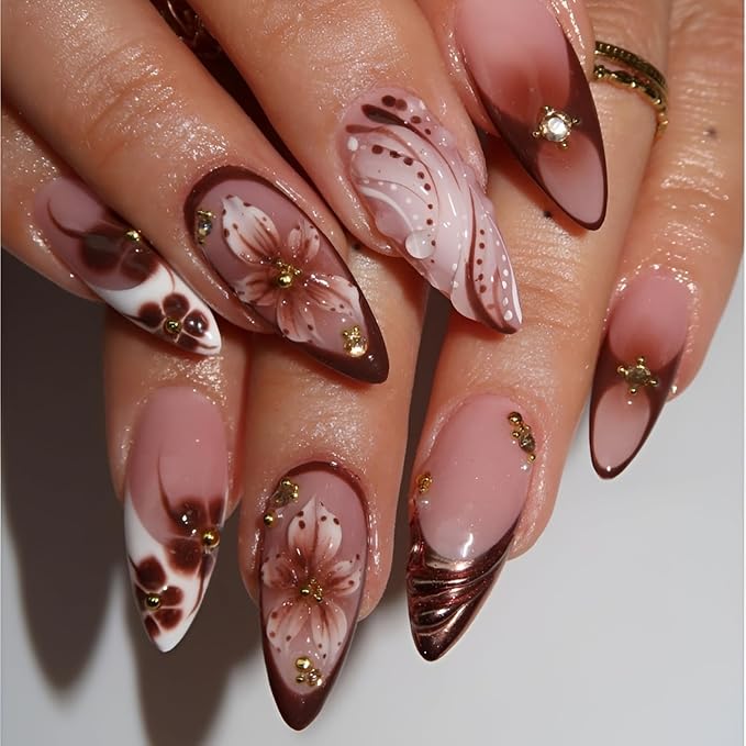 French Tip Press on Nails Medium Almond Fake Nails White Brown Nails Press Ons Brown Flower False Nails with Gold Rhinestones Design Glossy Glue on Nail Acrylic Stick on Nail for Women Set 24Pcs