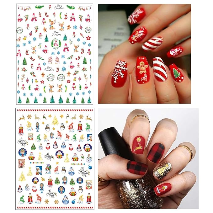 TailaiMei Christmas Nail Decals Stickers, Self-Adhesive Nail Art Decorations, Design for Santa Claus Snowflake Snowman (1366 Pcs, 12Sheets)