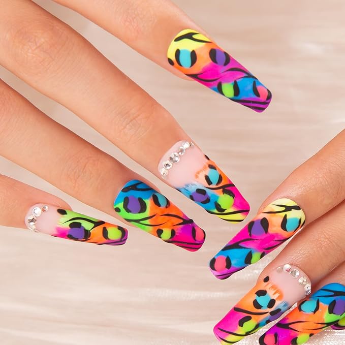 LOVFUL Press on Nails Illusion | Handmade with Full Covered Crystals | Reusable Fake Nails | Coffin Classic Regular 1.3 in | H123-S