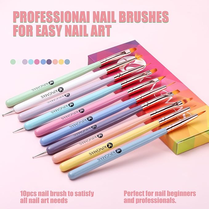 KINGMAS 10 Pcs Nail Art Brushes, Clean Up Painting Brush Drawing Pen, Nail Liner Brush and Nail Dotting Pen