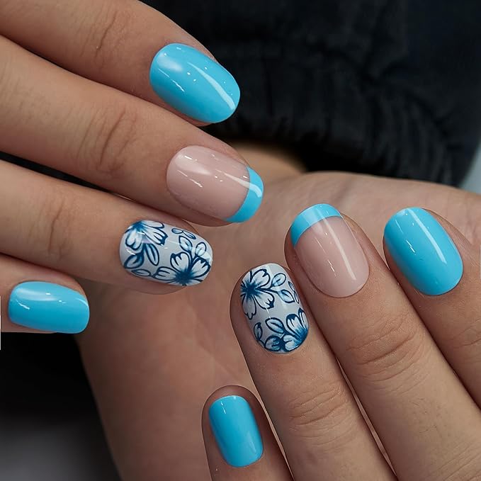 Curvlife Press On Nails – 30PCS Full Cover False Natural Fit Soft Gel Fake Nails Tips, Easy to Apply at Home Glue On False Nails Kit (Floral Accent Blue French Manicure, Short)