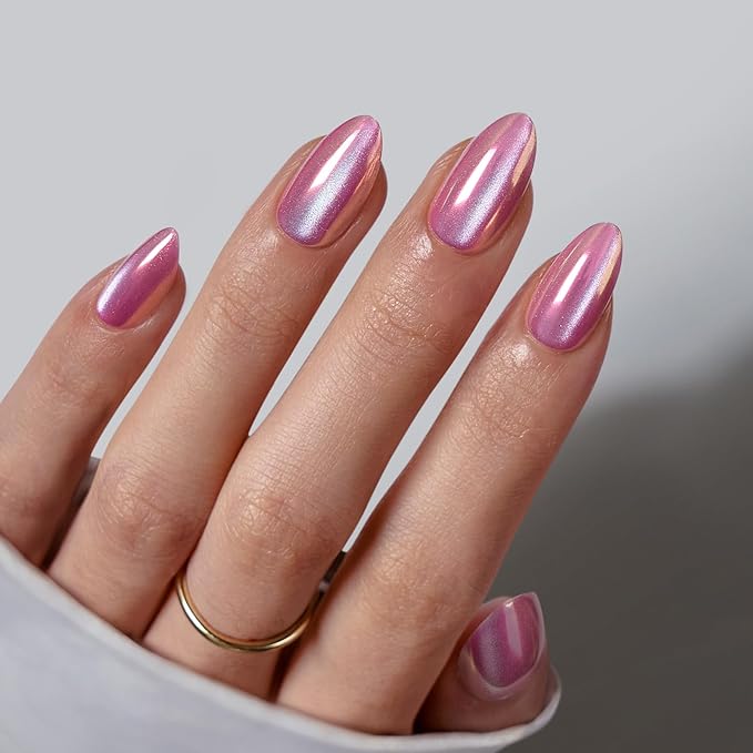 BTArtbox Press On Nails Short - Pink Cat Eye Almond Press On Nails with Glue for Women, Opaque Soft Gel Glue On Nails in 16 Sizes - 32 Stick On Nails Kit, Dreamy