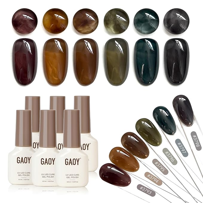 GAOY Dark Gel Nail Polish of 6 Milky Jelly Colors Brown Green Black Gel Polish Kit for Salon Manicure and Blooming Nail Art DIY at Home