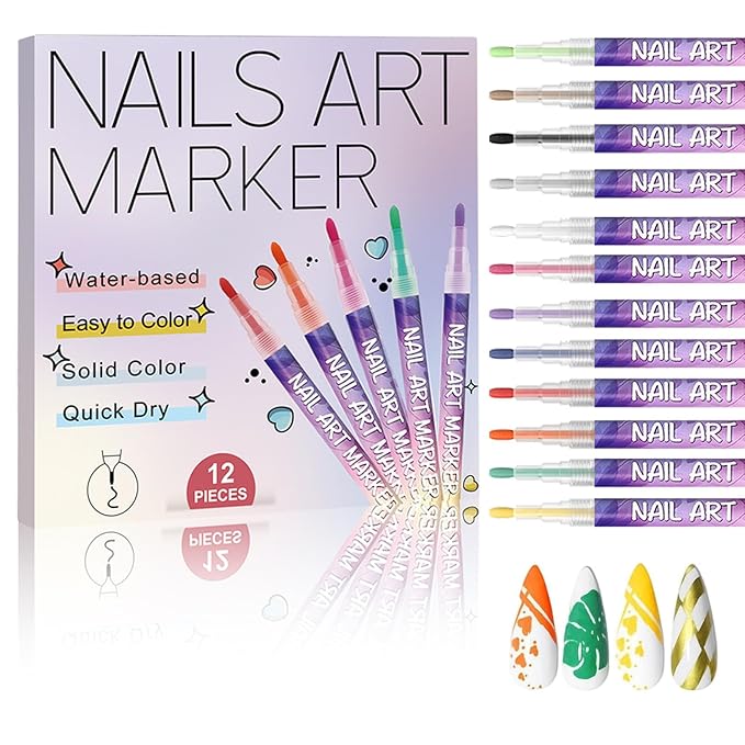12 Colors Nail Art Pens Set, Nail Art Markers Polish Pen for 3D, Drawing Painting Liner Brush for DIY Beauty Adorn Manicure Tools